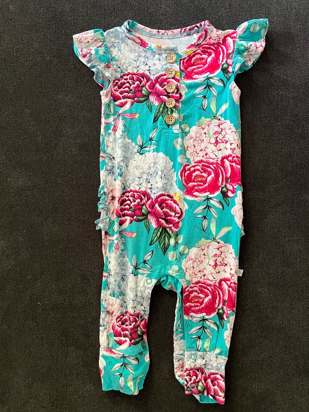 Posh Peanut Eloise print Turquoise Romper with Pink Floral Print